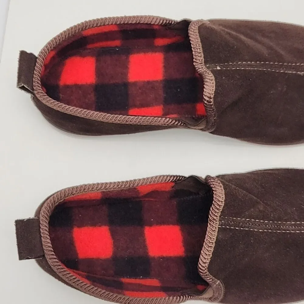 Sioux Mox Slippers Brown Suede Men Sz 11 Blak Red Check Fleece Line Flat Slip-On